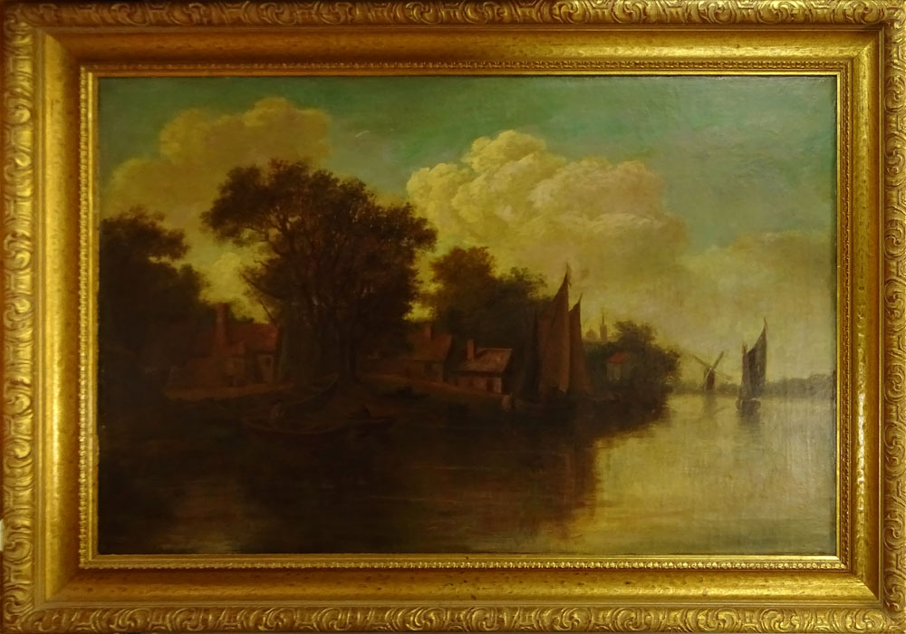 19th Century Dutch Landscape Depicting a Landscape With Boats and Windmills.