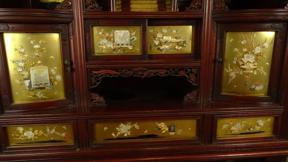 Very Fine Japanese Meiji Period Carved and Painted Hardwood Shibayama Pagoda Style Cabinet.
