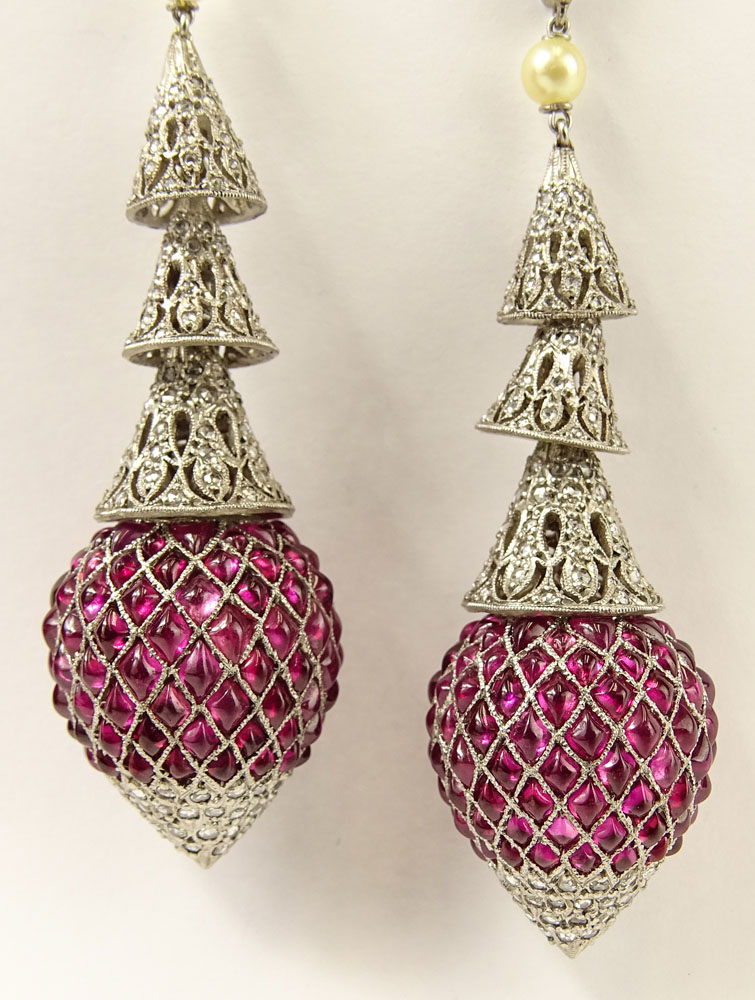 Vintage Approx. 20.0 Carat Cabochon Ruby, 2.50 Carat Round Cut Diamond and Platinum Chandelier Earrings. 
