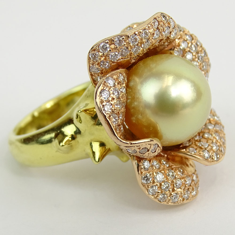Lady's Approx. 6.75 Carat Round Brilliant Cut Diamond, South Sea Pearl and 14 Karat Rose and Yellow Gold Earring and Ring Suite.
