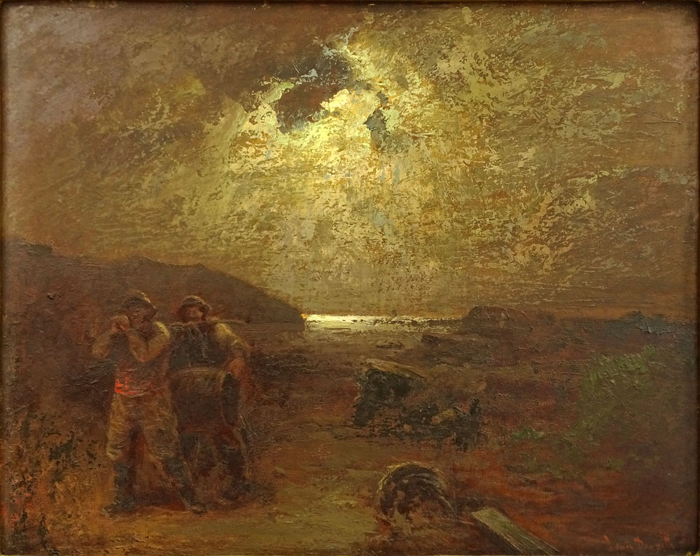 Louis Douzette, German (1834-1924) Oil on Panel, Moonlit Shore Scene. 