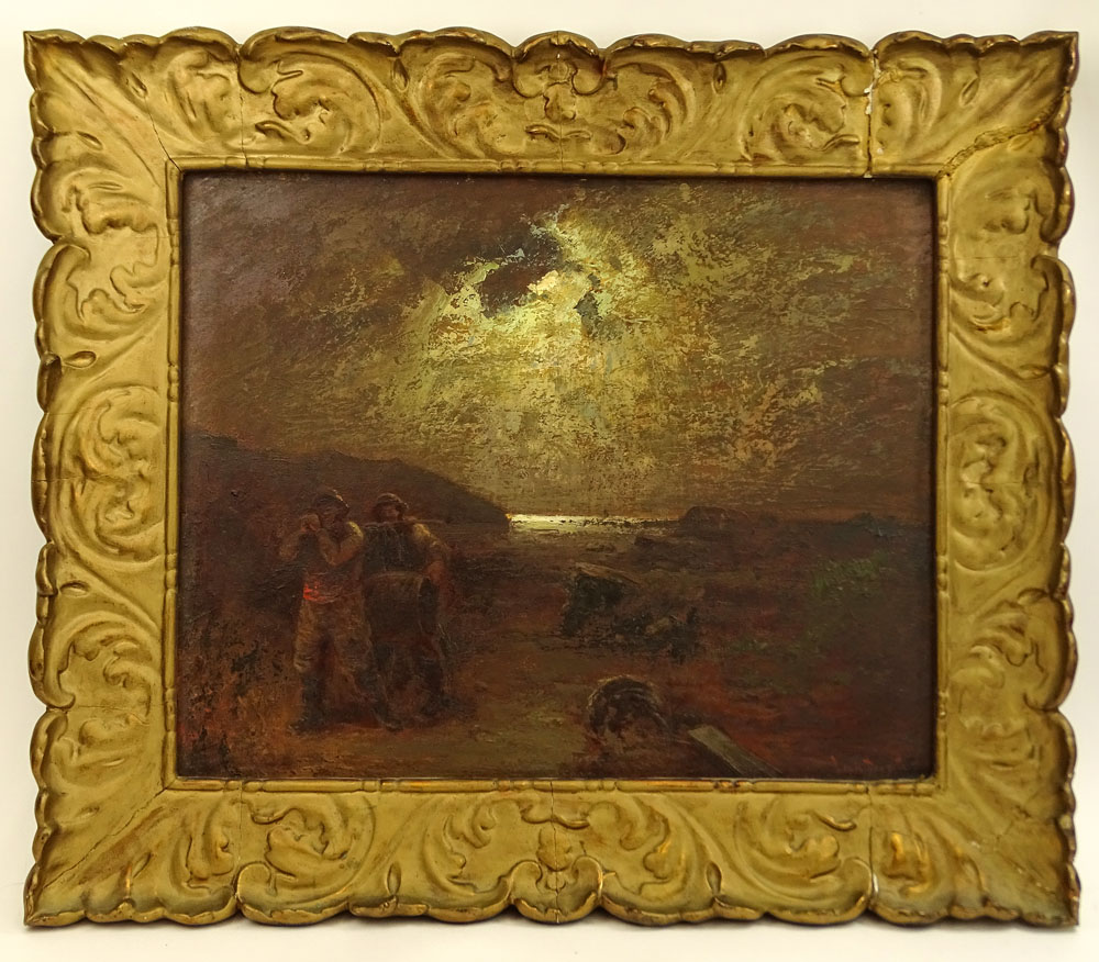 Louis Douzette, German (1834-1924) Oil on Panel, Moonlit Shore Scene. 