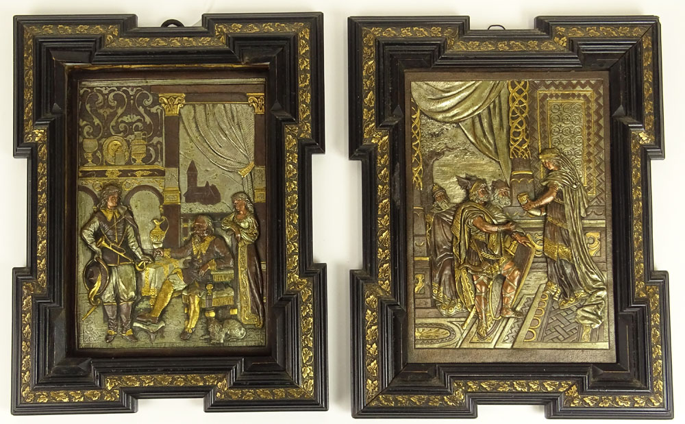 Pair of 19/20th century Renaissance style polychrome relief plaques, possibly white metal or lead. 