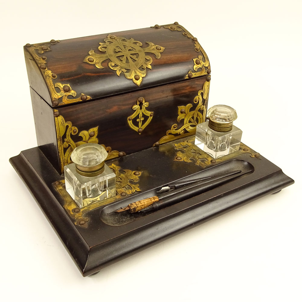 Antique English Brass Mounted Mahogany Desk Set.