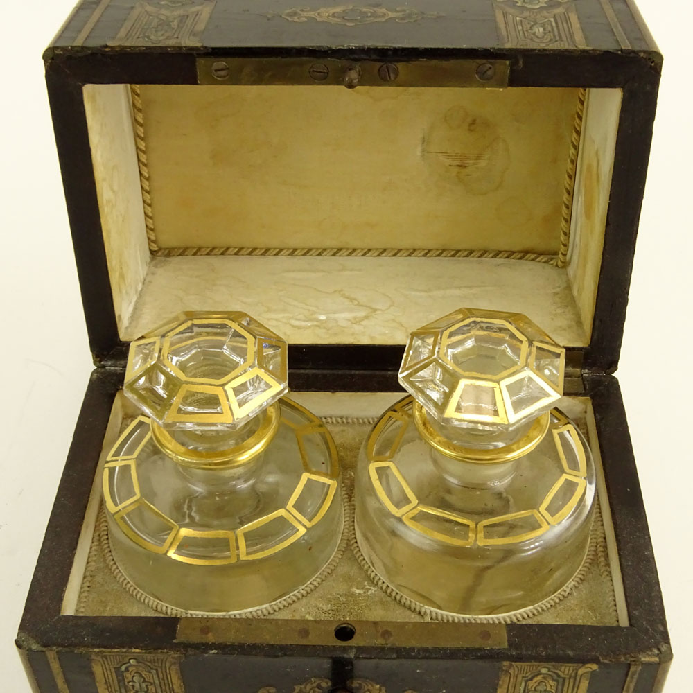 Antique Wood Inlaid Cruet Box. Inlaid with brass, mother of pearl, abalone.