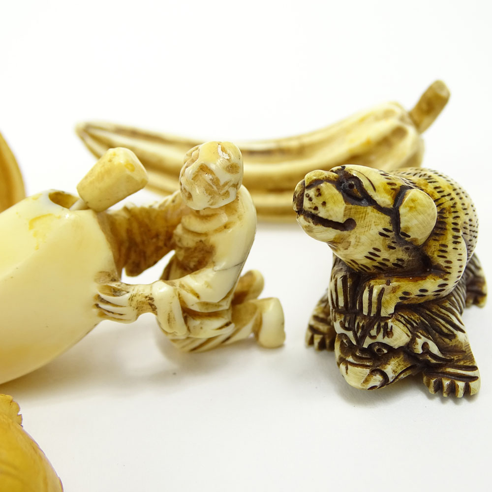 Collection Mid 20th Century Japanese Carved Ivory Including Six (6) Netsukes, Three (3) Snuff Bottles and One (1) Pendant. 