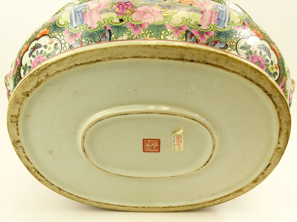 Large Modern Chinese Porcelain Rose Medallion Centerpiece Bowl on Stand.