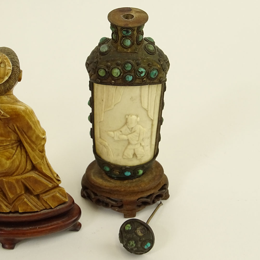 Vintage Chinese Three (3) Piece Ivory Lot. Includes 2 carved figurines, a metal mounted carved snuff bottle. 