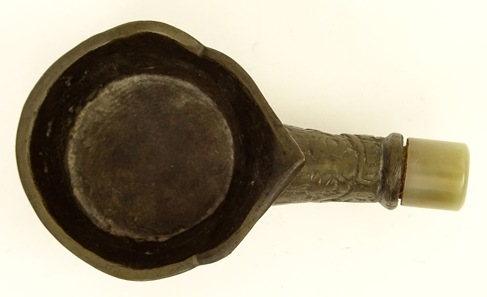 Antique Chinese Bronze and Jade Pan Iron/Silk Iron. Bas relief design.