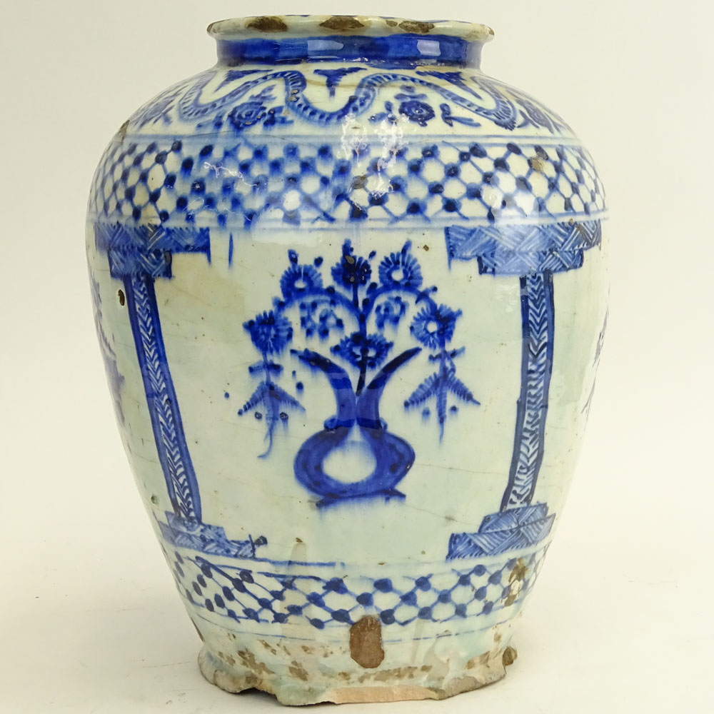 18th C or earlier Persian Blue & White Glazed Pottery Vase.