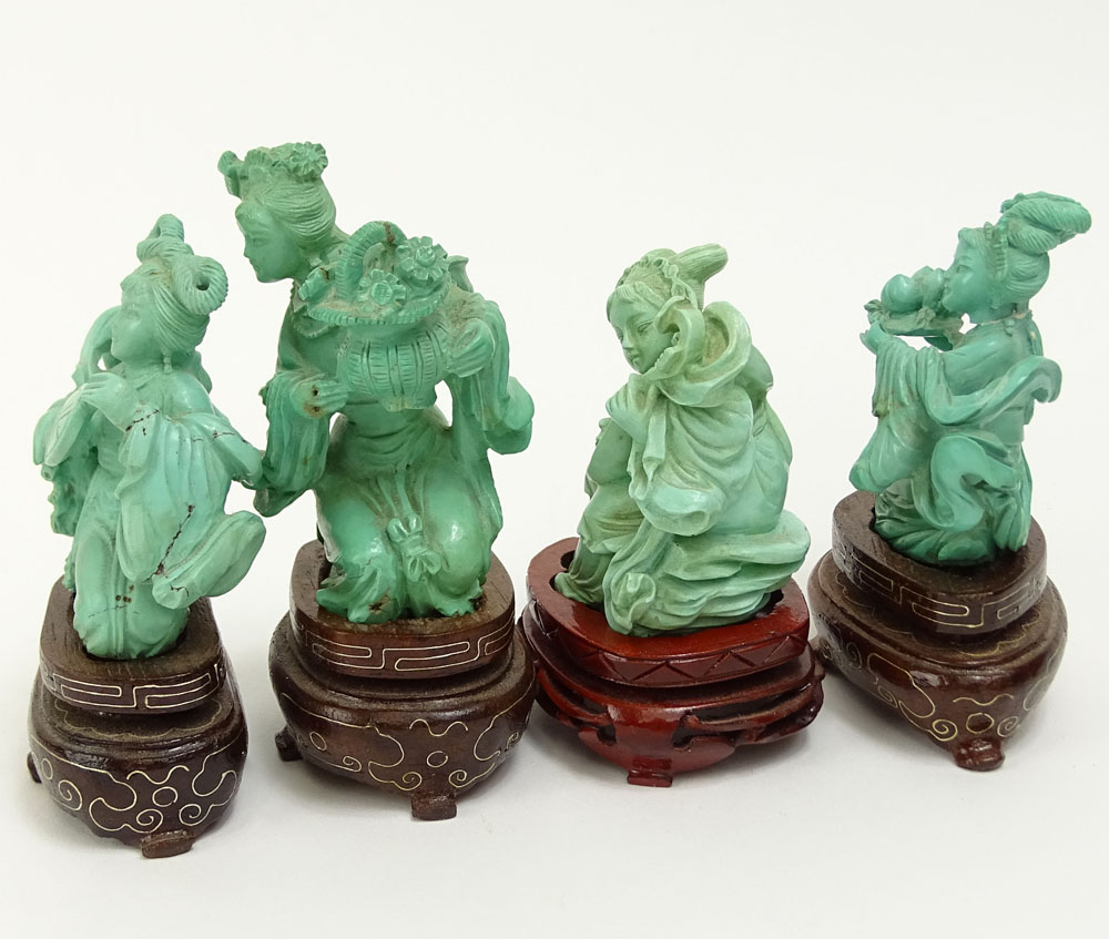 Set of four (4) Vintage Chinese Carved Turquoise Figurines on Hardwood Stands.