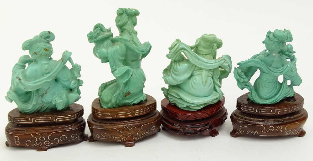 Set of four (4) Vintage Chinese Carved Turquoise Figurines on Hardwood Stands.