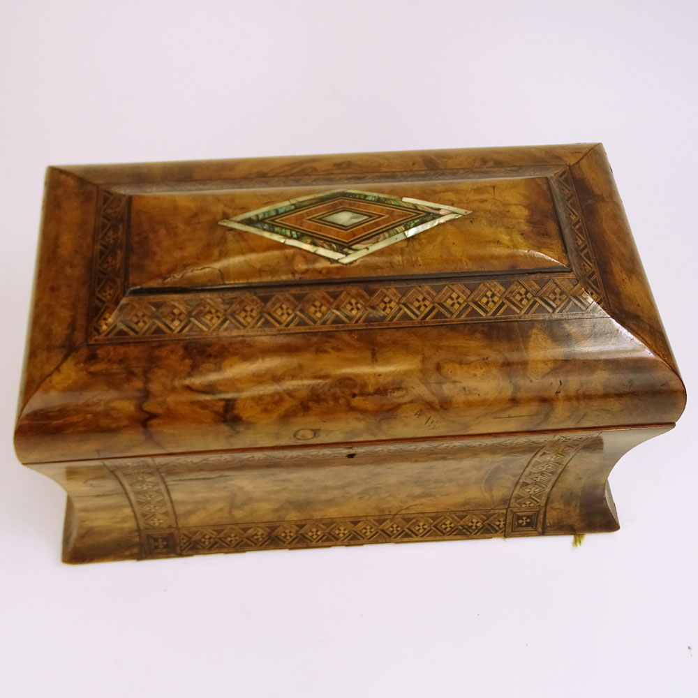 Antique English Burl Wood Tea Caddy with inlaid marquetry and mother of pearl.