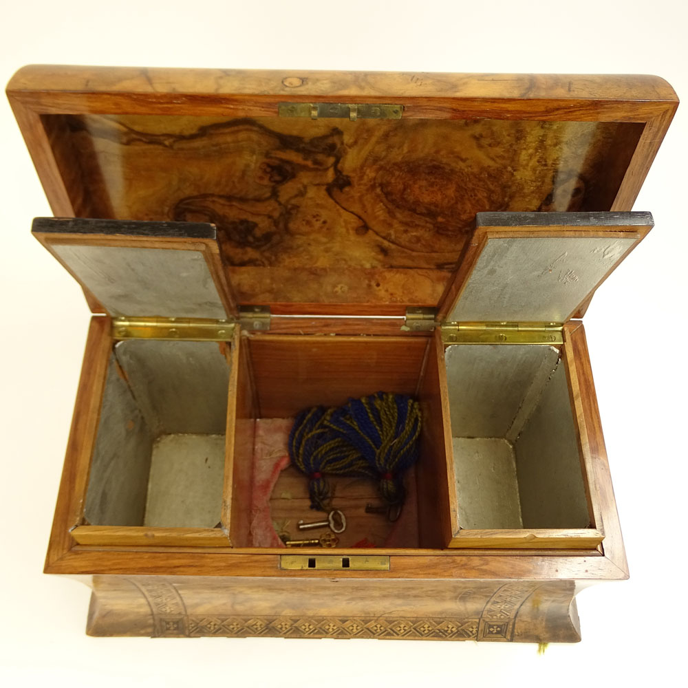 Antique English Burl Wood Tea Caddy with inlaid marquetry and mother of pearl.