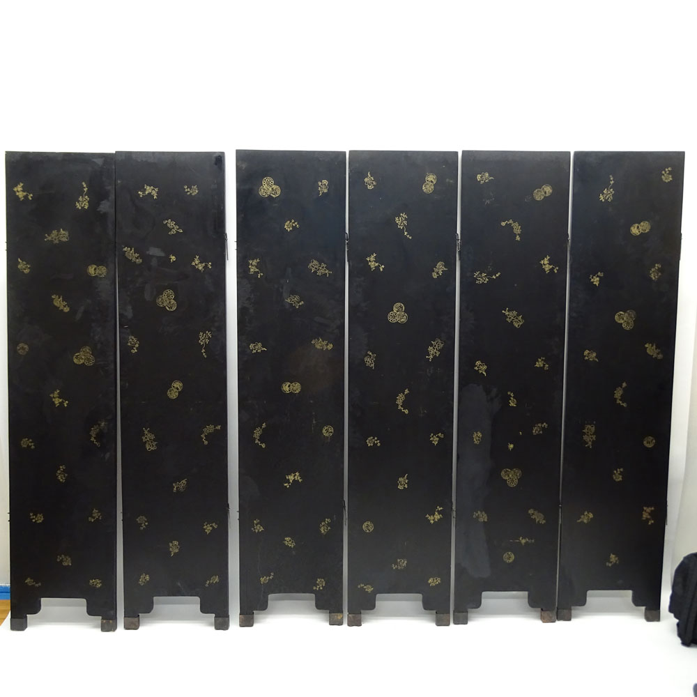 Mid-Century Chinese Black Lacquer Six Paneled Screen.