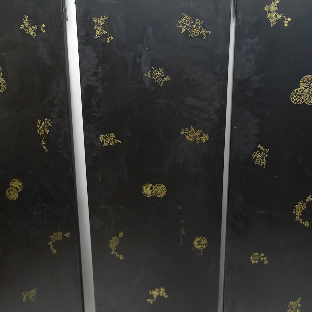 Mid-Century Chinese Black Lacquer Six Paneled Screen.