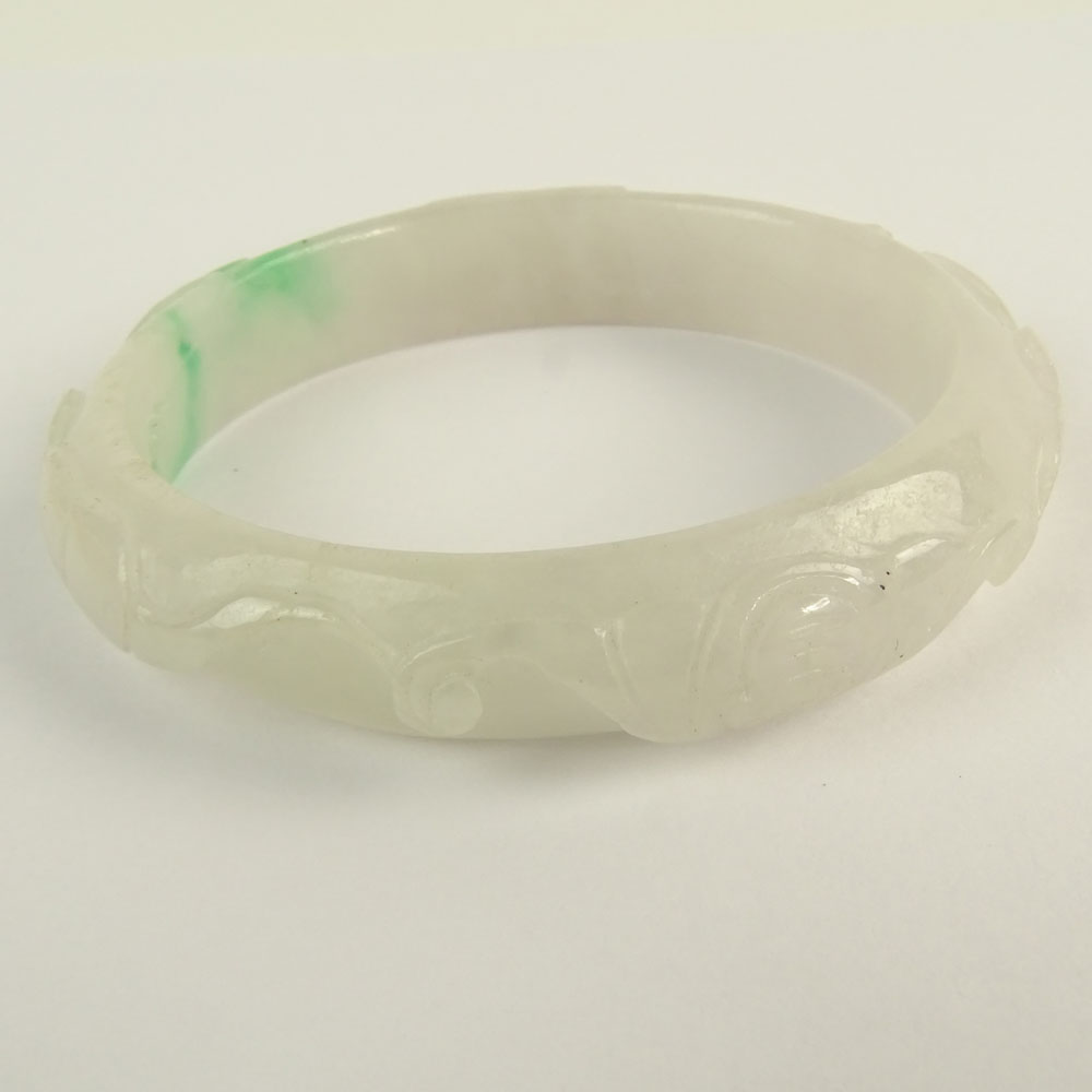 Chinese Carved White with Apple Green Jade Bangle.