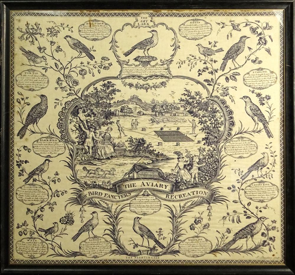 19th Century Engraving on Linen, "The Aviary, or Bird Fancyers Recreation". 