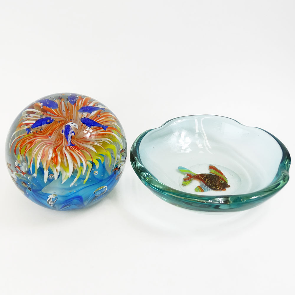 Large Contemporary Art Glass Paperweight with Fish Motif and a Vintage Glass Bowl with Fish Motif.