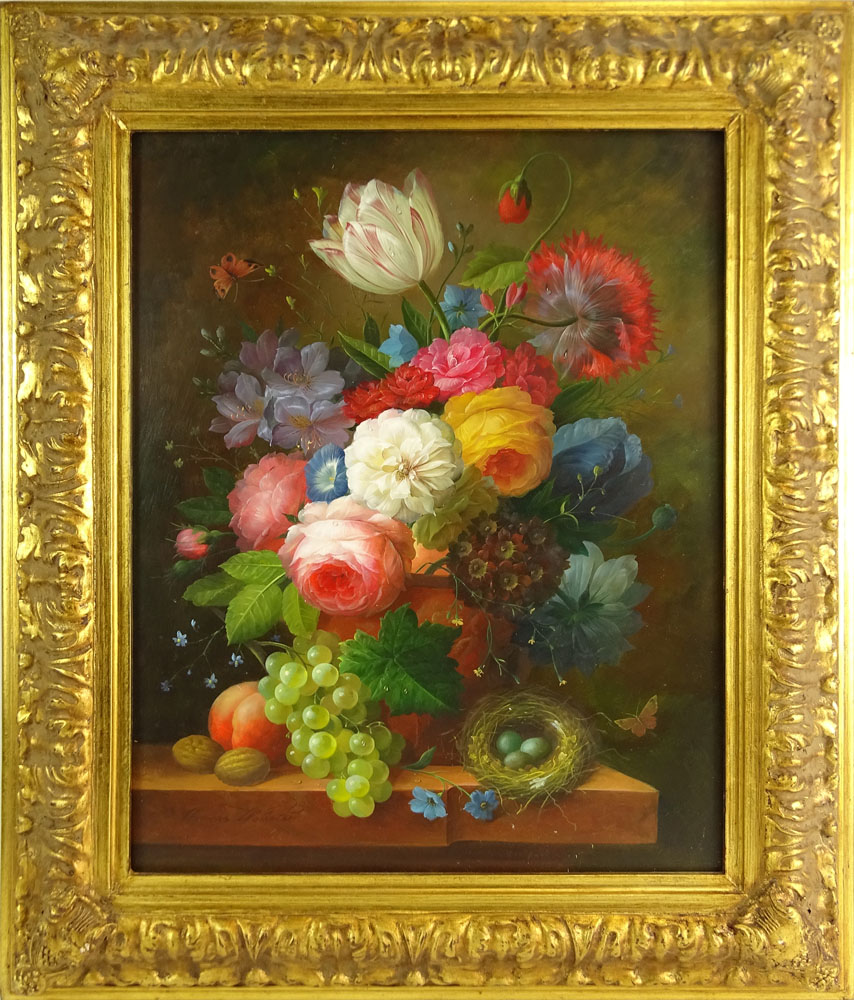 Thomas Webster, Continental (20/21st C) Oil on panel "Still life of flowers in a vase on a stone ledge" 