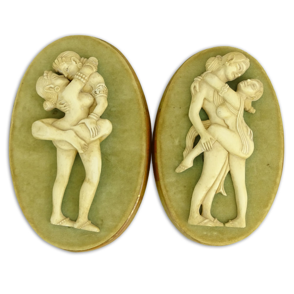 Pair of Vintage Indian Carved Relief Mammoth Ivory Kamasutra Plaques.