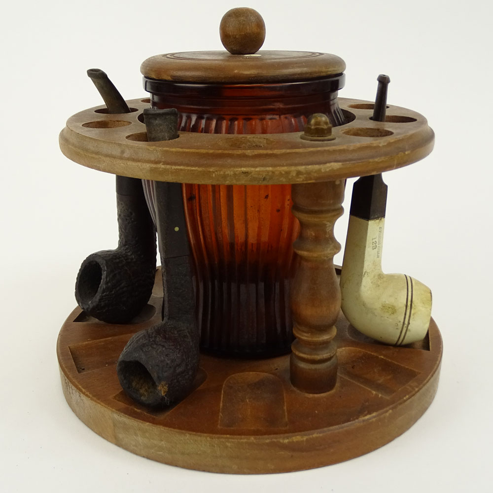 Vintage Wood and Glass Tobacco Jar/Pipe Holder and Three Vintage Pipes.