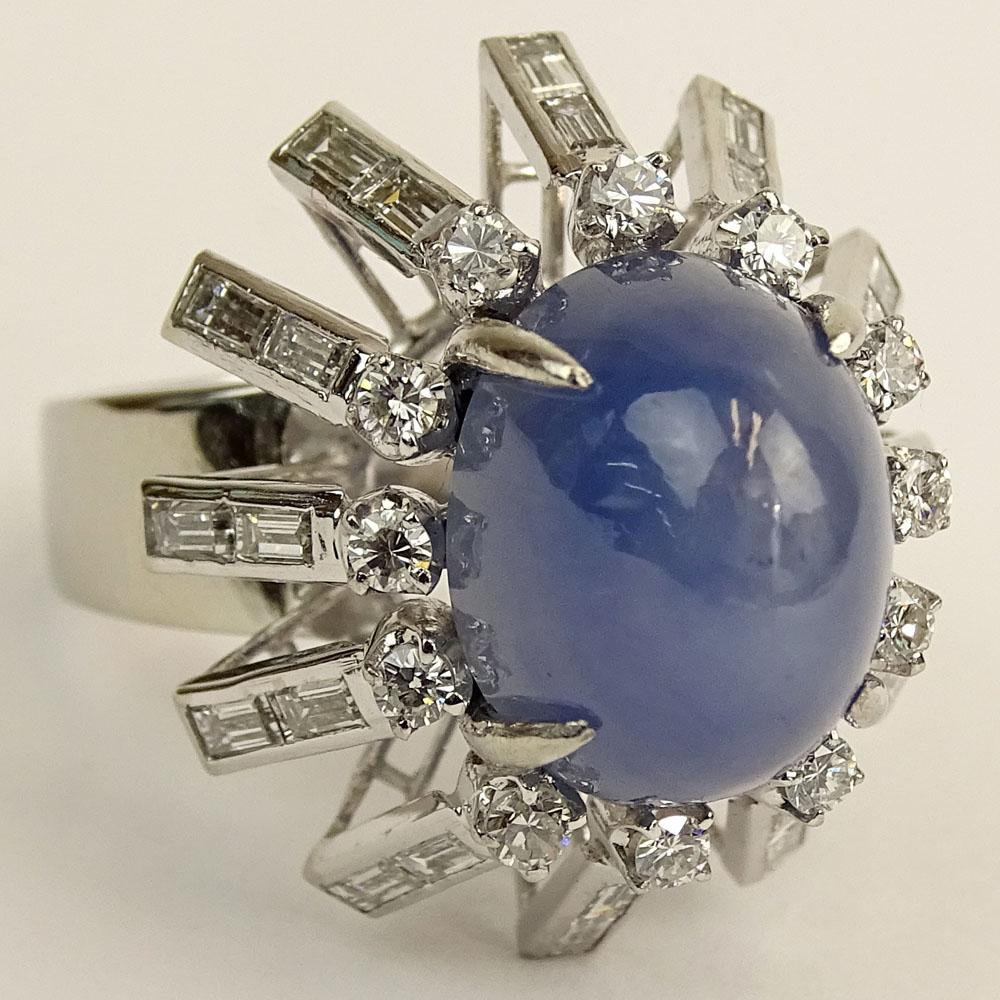 Retro Approx. 15.0 Carat Star Sapphire, 2.0 Carat Round and Baguette Cut Diamond and Platinum Ring. 