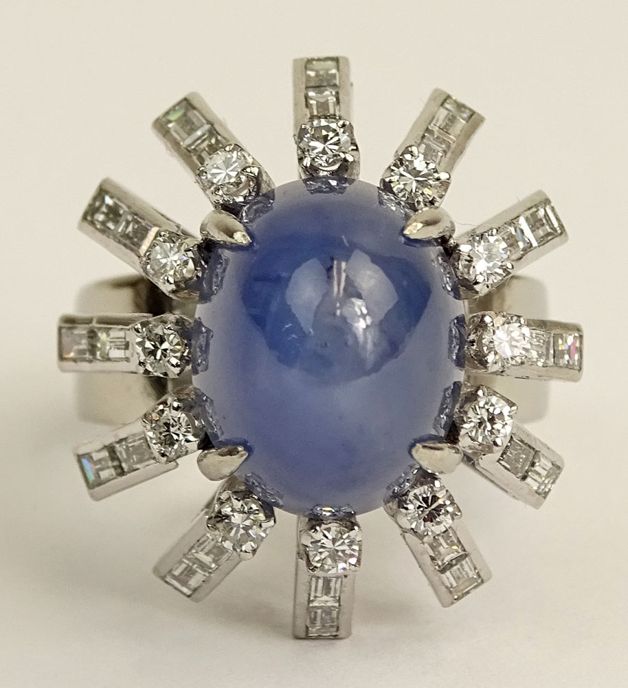 Retro Approx. 15.0 Carat Star Sapphire, 2.0 Carat Round and Baguette Cut Diamond and Platinum Ring. 