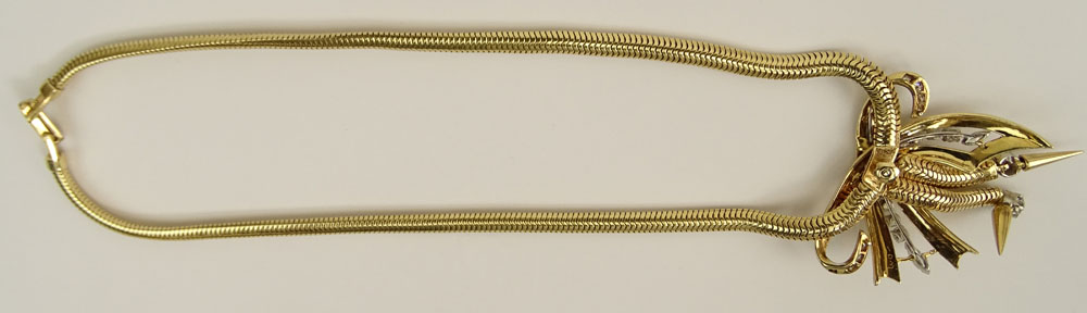 Vintage 14 Karat Yellow Gold and Approx. 2.50 Carat Round Brilliant Cut Diamond Lariat style Pendant Necklace.