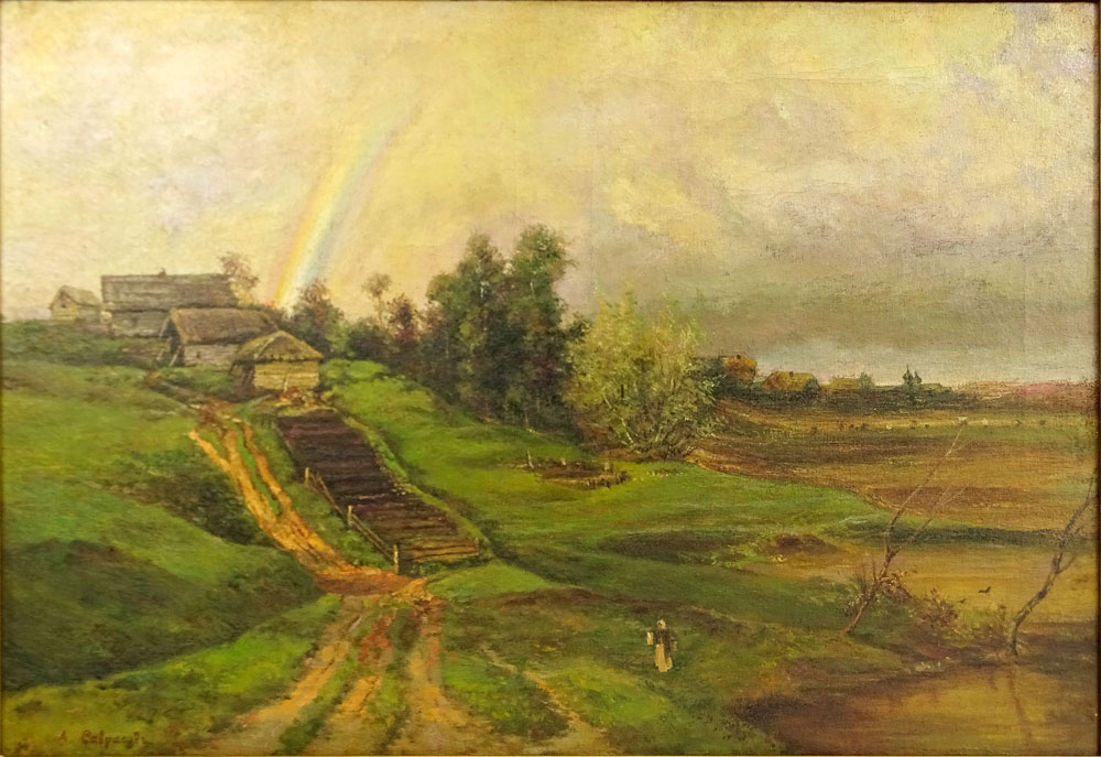 Alexei Kondratyevich Savrasov (Russian, Russian (1830-1897) Oil on Canvas, Landscape with Rainbow. 