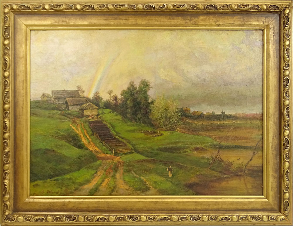 Alexei Kondratyevich Savrasov (Russian, Russian (1830-1897) Oil on Canvas, Landscape with Rainbow. 