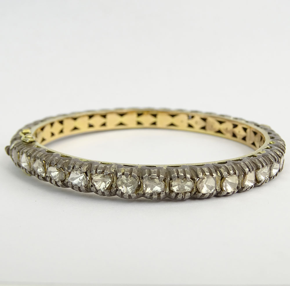14 Karat Yellow Gold, Silver and Diamond Bangle Bracelet. 