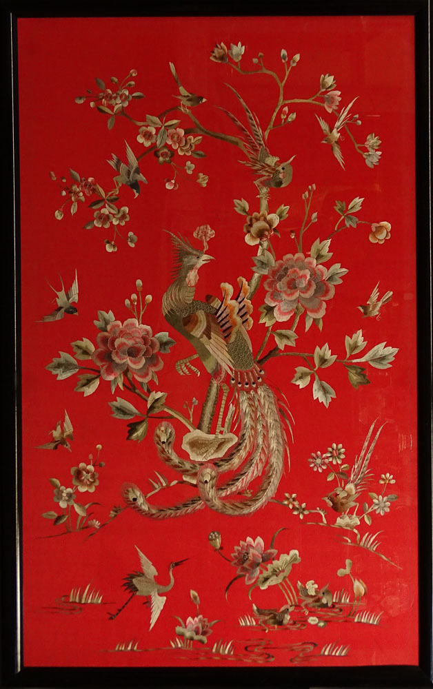 Antique Chinese Silk Forbidden Stich Embroidery Panel with Phoenix Bird and Prunus Blossom Motif.