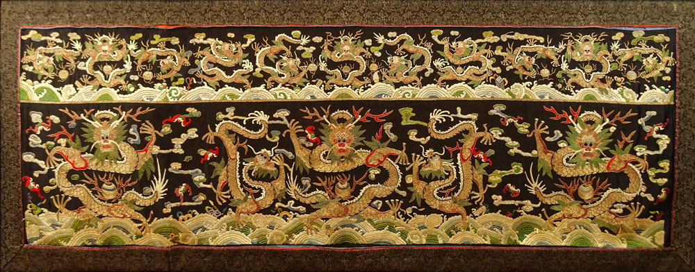 Fine Quality Antique Chinese Silk and 24 Karat Gold Embroidery Panel with Dragon Motif.