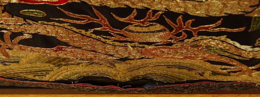 Fine Quality Antique Chinese Silk and 24 Karat Gold Embroidery Panel with Dragon Motif.