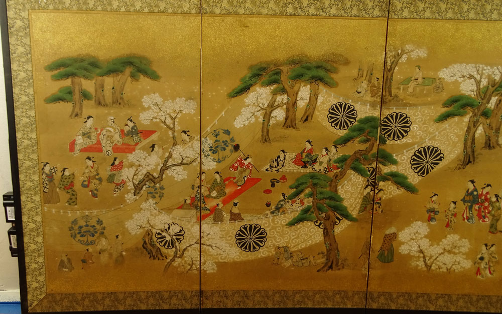 Japanese Meiji Period (1868-1912) Four (4) Panel Folding Screen, Garden Scene with figures. Ink, color and gilt on paper with brocade border, wood frame.
