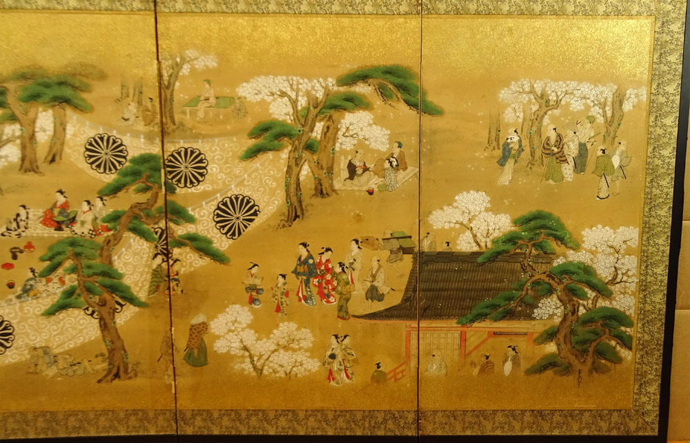 Japanese Meiji Period (1868-1912) Four (4) Panel Folding Screen, Garden Scene with figures. Ink, color and gilt on paper with brocade border, wood frame.