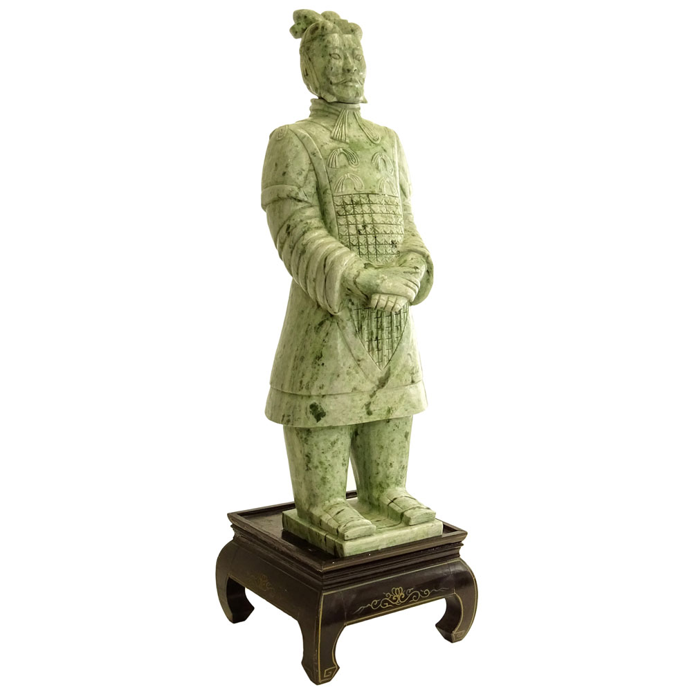 Large and Heavy Chinese Carved Jadeite Figure of A Man on Inlaid Wood Stand.