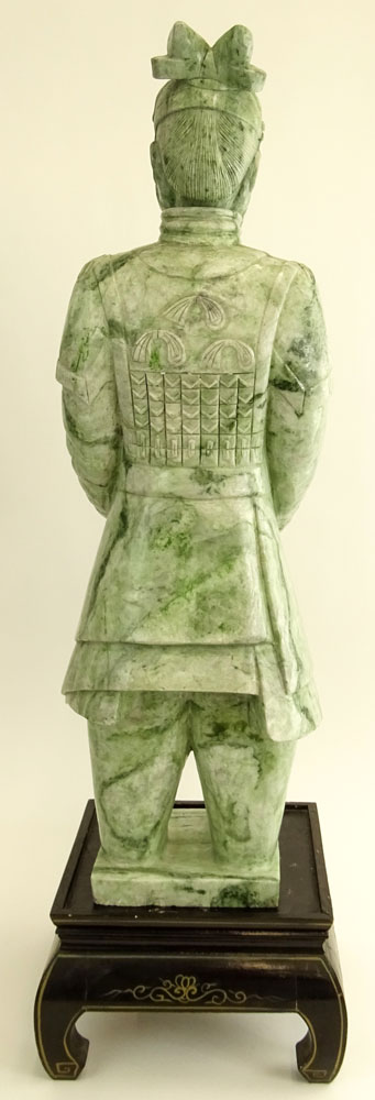 Large and Heavy Chinese Carved Jadeite Figure of A Man on Inlaid Wood Stand.