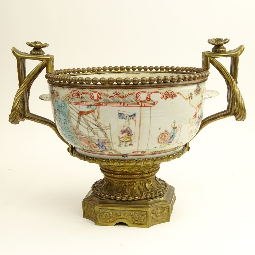 Ormolu Mounted 18th Century or Earlier Chinese Famille Rose Porcelain Handled Bowl.