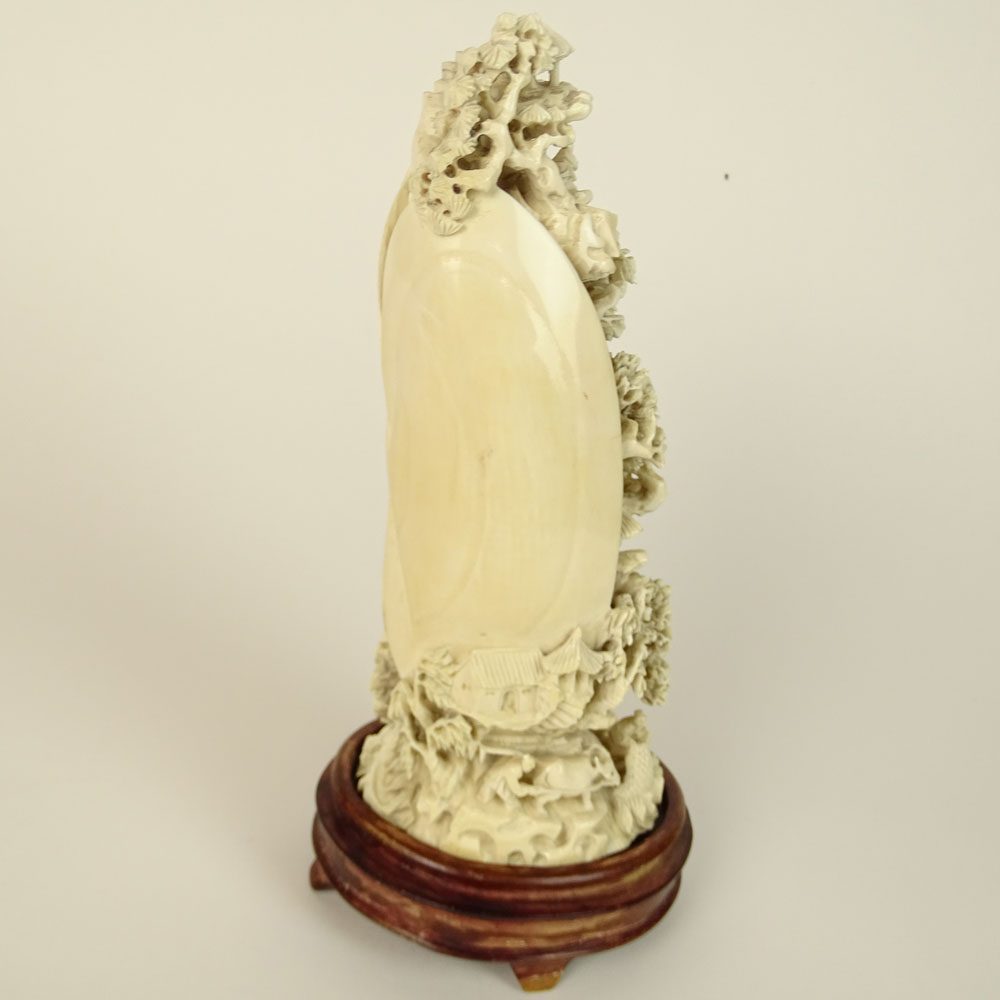 Chinese Carved Ivory on wood base, Clam Shell with Mountain Village. 
