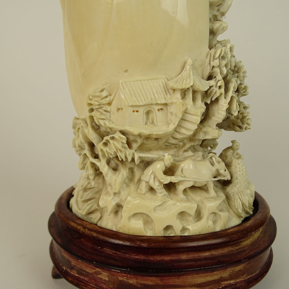 Chinese Carved Ivory on wood base, Clam Shell with Mountain Village. 