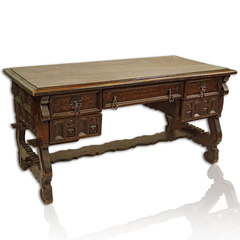 17th Century Spanish Style Carved Hardwood Desk.