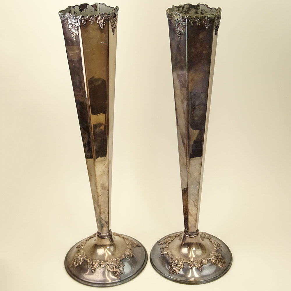 Pair of Victorian Sheffield Silver Plate Tall Vases. Grape Vine Motif.