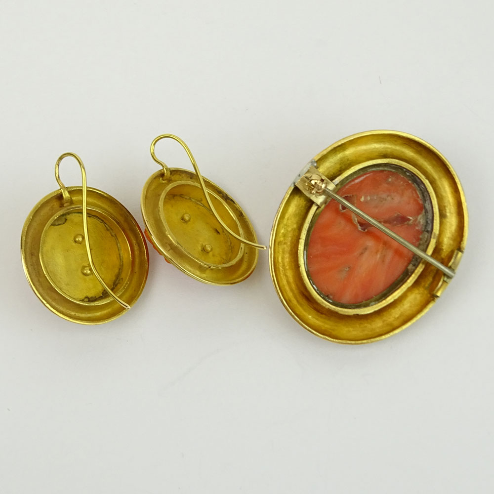 19th Century Carved Red Coral and High Karat Yellow Gold Brooch and Earring Suite.