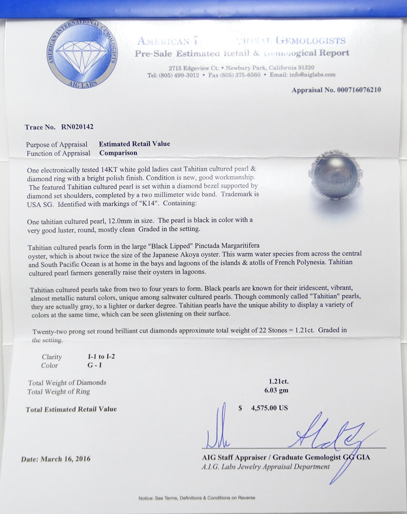 AIG Certified Tahitian Black Pearl, 1.21 Carat Round Brilliant Cut Diamond and 14 Karat White Gold Ring.