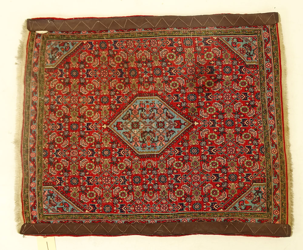 Small Semi Antique Persian Bijar Carpet with Turquoise Diamond Medallion.