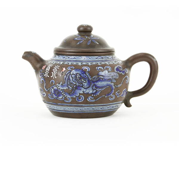 Vintage Chinese Blue Enameled Earthenware Teapot