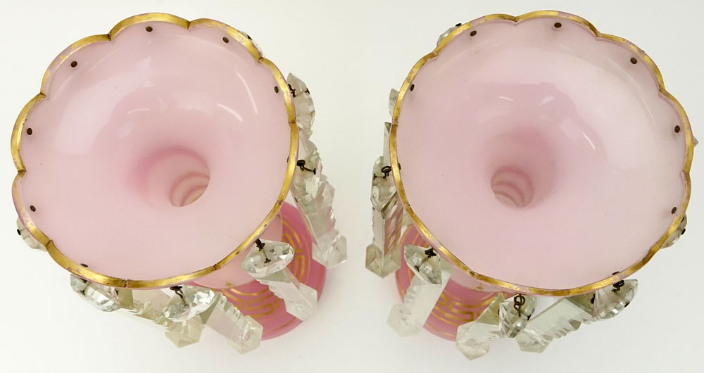 Pair Antique Pink Cased Glass, Snake Wrapped Lusters With Long Prisms and Parcel Gilt Decoration