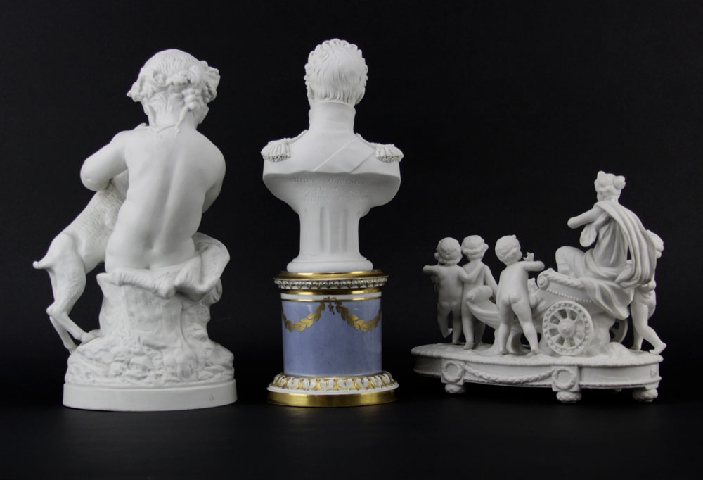 Three Antique Bisque Parian Figures. After Clodion, French (1738-1814): Bisque figurine "Bacchus Child" 